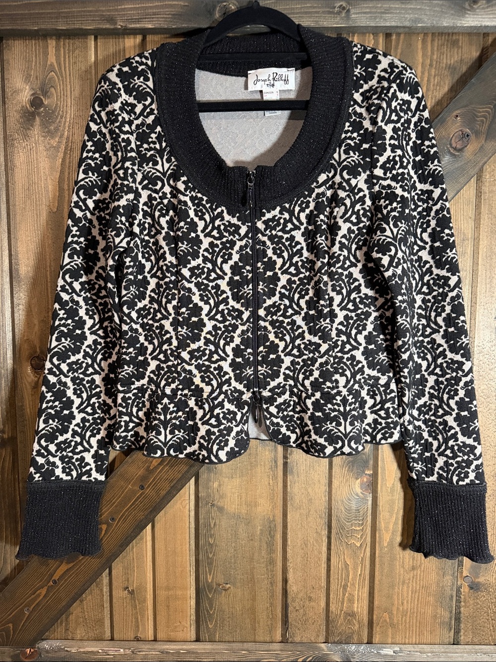 Joseph Ribkoff Black and Cream Damask Zip Cardigan